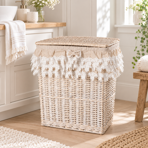 Cesto para la ropa sucia de ratán natural “Lace” – Individual con volante y lazo (Grande, Mediano o Pequeño)