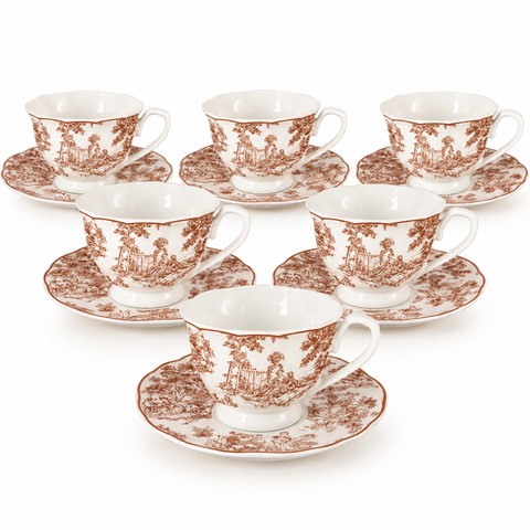 Tazzina da Caffè con Piattino in Porcellana Toile de Jouy Marrone (per 6 Persone) – Blanc Mariclò, 100ml