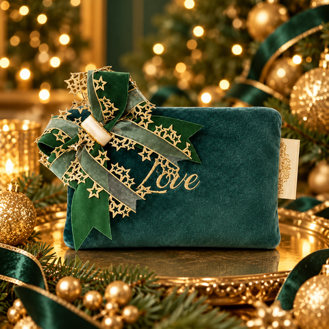 Velvet Mini Pochette con Zip e Scritta Ricamata Oro - Mata Creazioni, 16x11 cm