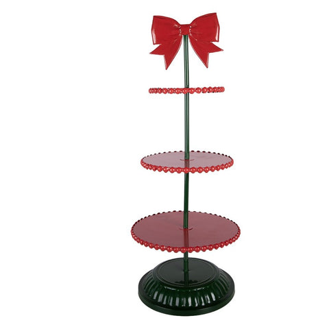 Alzata Etagère Natalizia a 3 Piani in Metallo Rosso e Verde - Clayre & Eef, Ø 31x80 cm