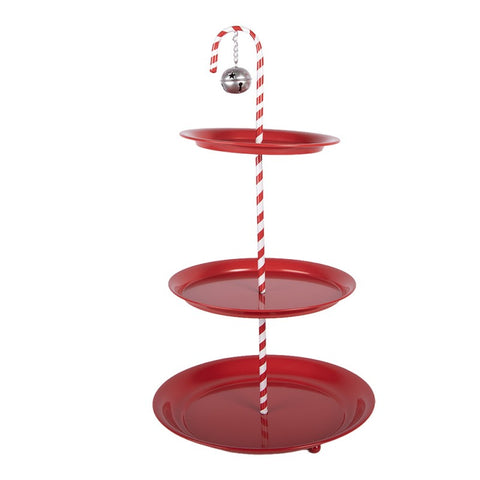 Alzata Etagère Natalizia a 3 Piani Candy Cane in Metallo Rosso - Clayre & Eef, Ø 35x64 cm