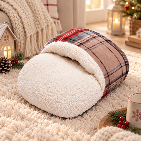Ciabattona Scaldapiedi in Tessuto Sherpa Tartan - 30x38x13 cm