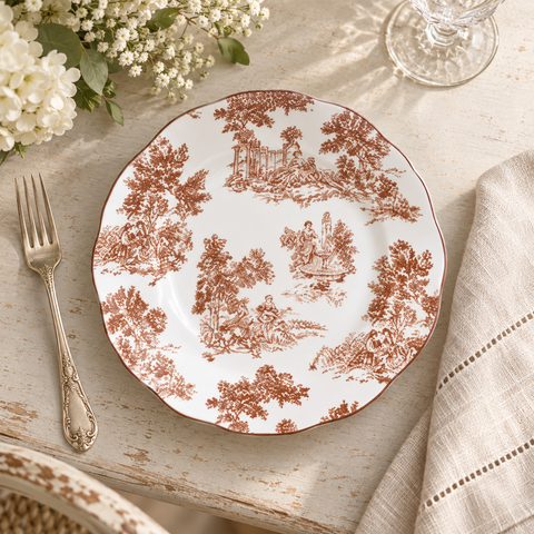 Set Piatti in Porcellana Toile de Jouy Marrone (per 6 Persone) – Blanc Mariclò, 26x26 cm