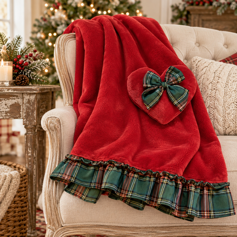 Plaid Invernale in Pile Rosso con Gala Tartan e Applicazione Cuore – Blanc Mariclò, 140x170cm