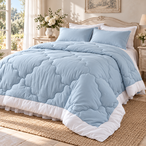 Trapunta Matrimoniale Azzurra Bicolore con Bordo Panna e Federe – L'Atelier 17, 260x260cm