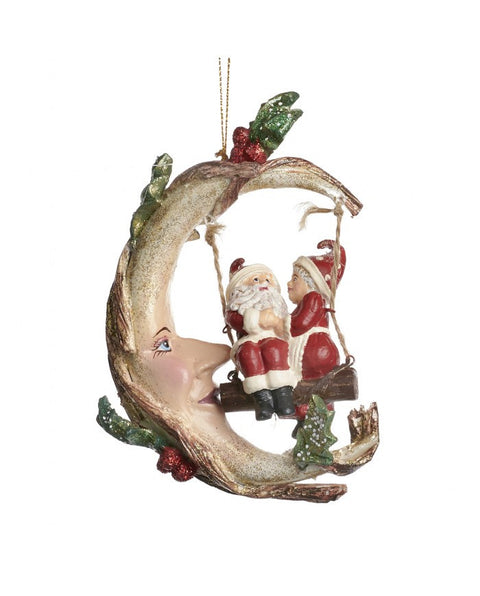 MOON WITH SANTA CLAUS AND MRS CLAUS ON SNOWY GNOMIES SWING