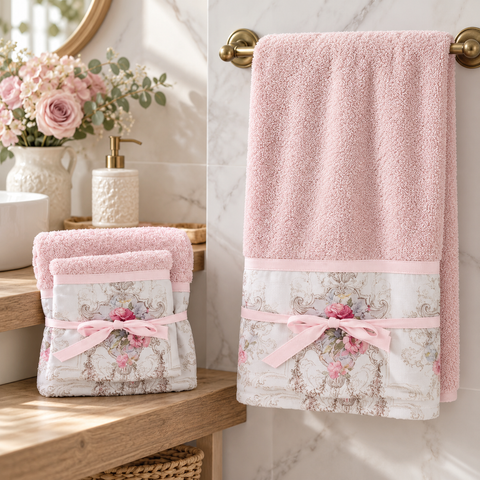 Coppia Asciugamani in Spugna con Balza Floreale Collezione Coco – Blanc MariClò, 40x60 e 60x100cm