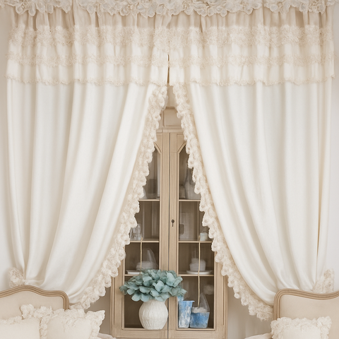 Set 2 Tende "Damascata" Tortora e Bianco in Cotone con Balze e Fiocchi - 150x300cm