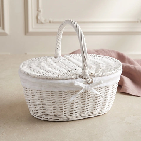 Cestino Ovale da Picnic in Salice Intrecciato Meal con Manico e Coperchio - 41x30xH36 cm