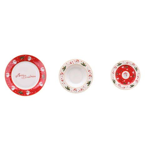Servizio Piatti Natalizio in Porcellana 18 Pezzi Rosso e Bianco – Motivo Babbo Natale – Tavola delle Feste