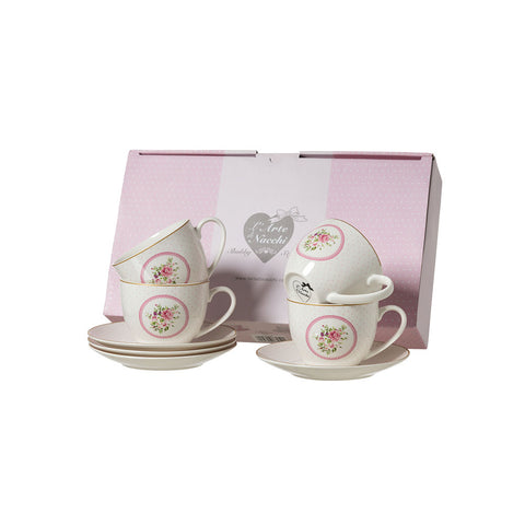 L’Arte di Nacchi – Set 4 Tazzine da Caffè con Piattino in Ceramica, Stile Romantico Floreale