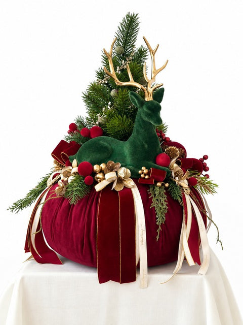 Pouf Decorativo Incanto in Velluto con Cervo e Alberello – Il Bosco di Mata by Mata Creazioni, Ø 35x50 cm