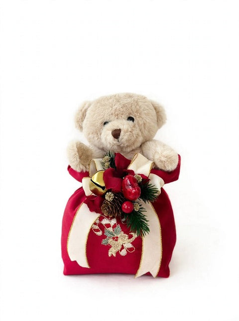 Orsetto Ralph in Sacca Natalizia Ricamata con Composizione – Linea Teddy by Mata Creazioni, 20x12 cm