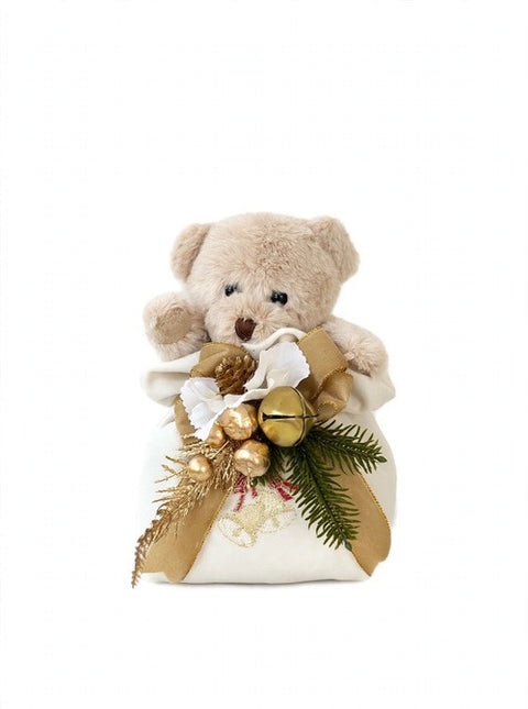 Orsetto Ralph in Sacca Natalizia Ricamata con Composizione – Linea Teddy by Mata Creazioni, 20x12 cm