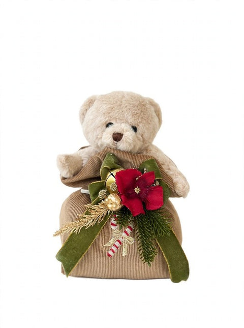 Orsetto Ralph in Sacca Natalizia Ricamata con Composizione – Linea Teddy by Mata Creazioni, 20x12 cm