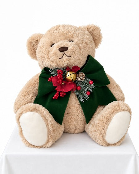 Orsetto Bryan Peluche con Fiocco Natalizio e Campanello – Linea Teddy by Mata Creazioni, H 35 cm