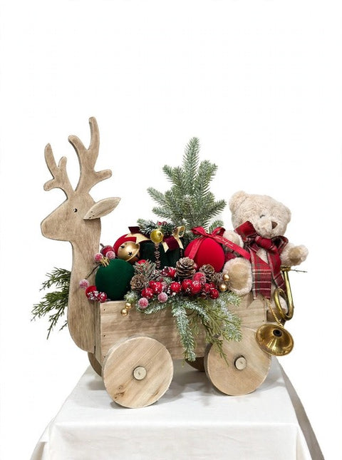 Carrettino Toys Renna in Legno con Orsetto e Palline in Velluto – Linea Teddy by Mata Creazioni, 35x40 cm