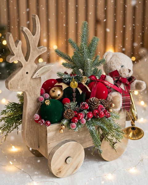 Carrettino Toys Renna in Legno con Orsetto e Palline in Velluto – Linea Teddy by Mata Creazioni, 35x40 cm