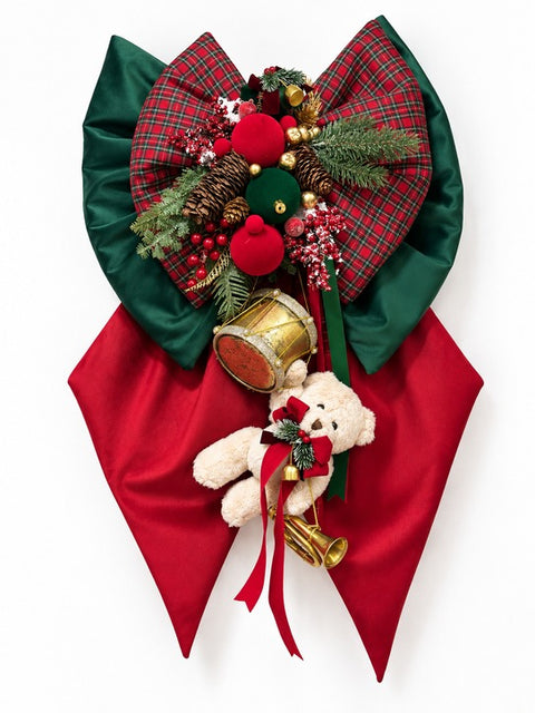 Fiocco Natalizio Emotion Toys in Velluto e Tartan con Orsetto e Tamburo – Linea Teddy by Mata Creazioni, 75x45 cm