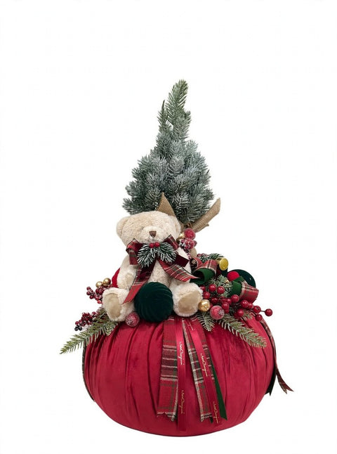 Maxi Pouf Toys in Velluto con Orsetto e Alberello Innevato – Linea Teddy by Mata Creazioni, 35x50 cm