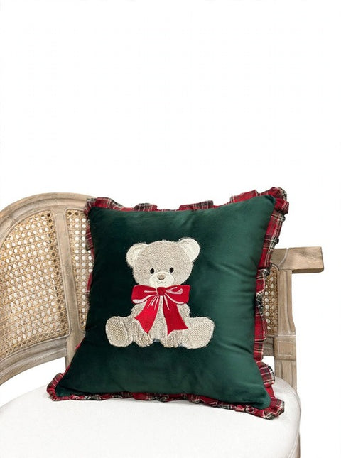 Cuscino Teddy in Velluto Verde con Orsetto Ricamato e Balza Tartan – Linea Teddy by Mata Creazioni