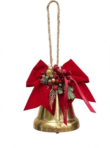 Campana Natalizia Noël Dorata con Fiocco in Velluto e Composizione – Linea Noël by Mata Creazioni, 15x22 cm