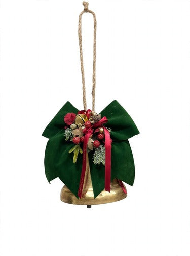 Campana Natalizia Noël Dorata con Fiocco in Velluto e Composizione – Linea Noël by Mata Creazioni, 15x22 cm