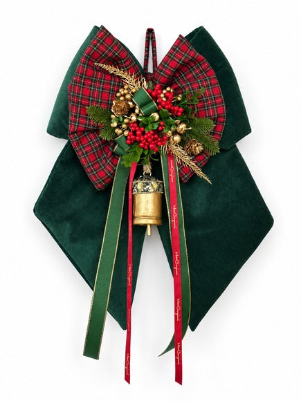 Fiocco Natalizio Shine in Velluto con Fiocco Tartan e Campanello – Linea Noël by Mata Creazioni, 30x50 cm