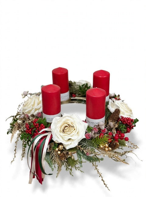 Centrotavola dell'Avvento Tondo con 4 Candele Rosse e Rose Panna – Linea Noël by Mata Creazioni, Ø 50 cm