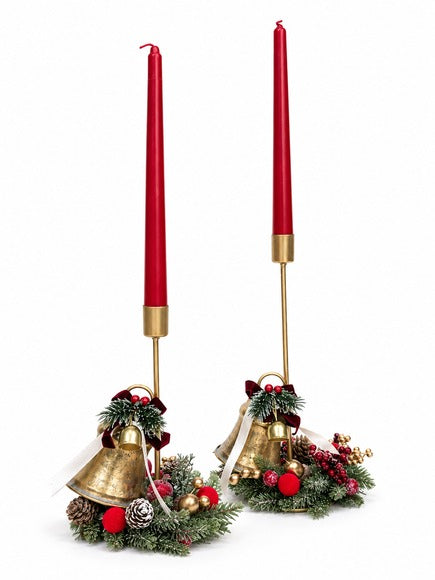 Coppia Candelabri Natalizi Jingle Dorati con Campanelli e Bacche – Linea Noël by Mata Creazioni