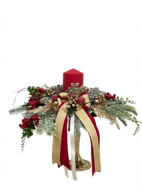 Centrotavola Natalizio Frost Innevato con Candela e Fiocco Oro – Linea Noël by Mata Creazioni, Ø 40 cm