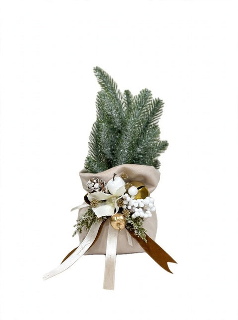 Sacco Mini Wood con Abete Innevato e Composizione – Linea Noël by Mata Creazioni, H 25 cm