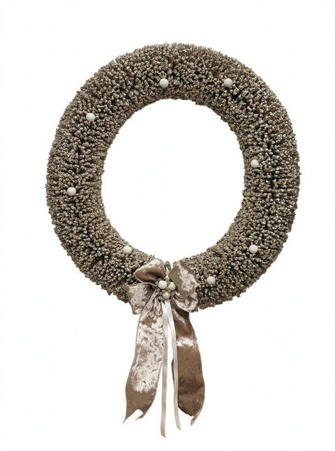 Corona Natalizia Luminosa con LED Glitter Champagne e Fiocco in Velluto – Polvere di Stelle by Mata Creazioni
