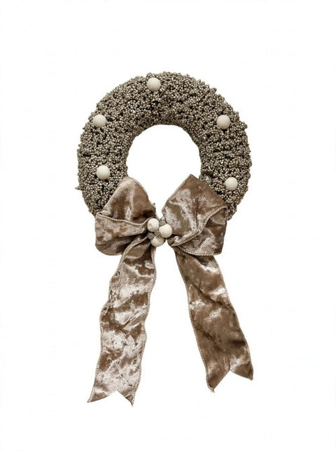 Corona Natalizia Luminosa con LED Glitter Champagne e Fiocco in Velluto – Polvere di Stelle by Mata Creazioni