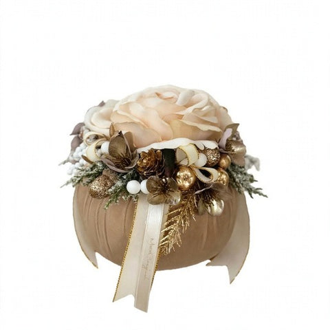 Pouf Decorativo Polvere di Stelle in Velluto con Rose Panna e Pigne Dorate by Mata Creazioni