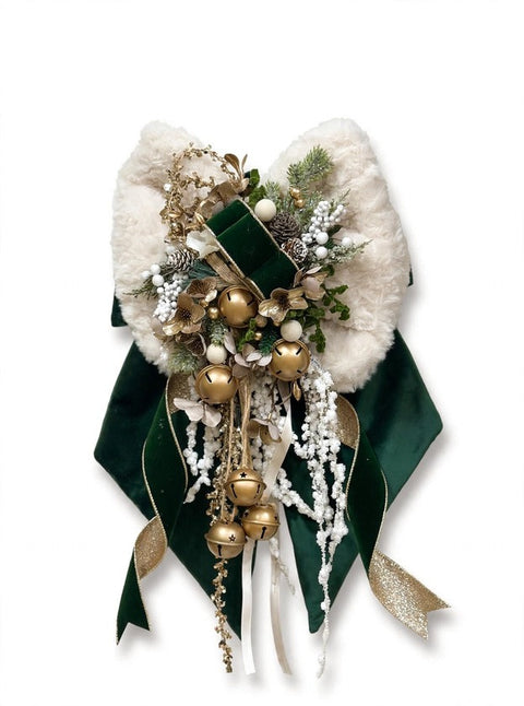 Fiocco Natalizio Snow in Montone Bianco e Velluto Verde con Campanelli – Linea Montone by Mata Creazioni, 50 cm