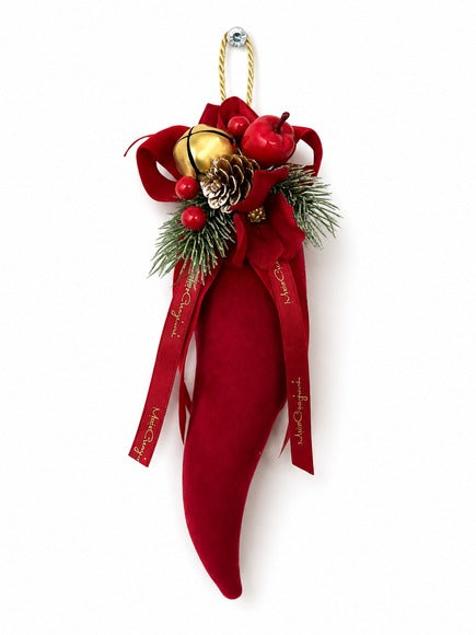 Corno Velvet Portafortuna in Velluto con Composizione Natalizia by Mata Creazioni, 26 cm