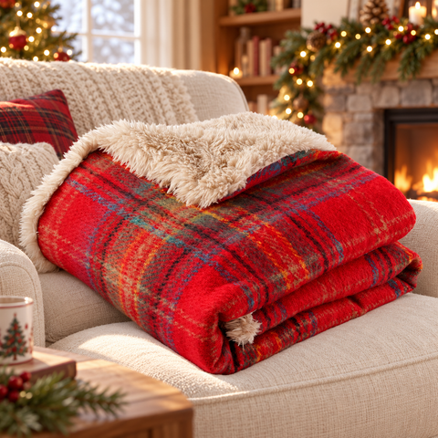 Plaid Tartan in Ecopelliccia 750gsm, 170x140cm in ambientazione natalizia