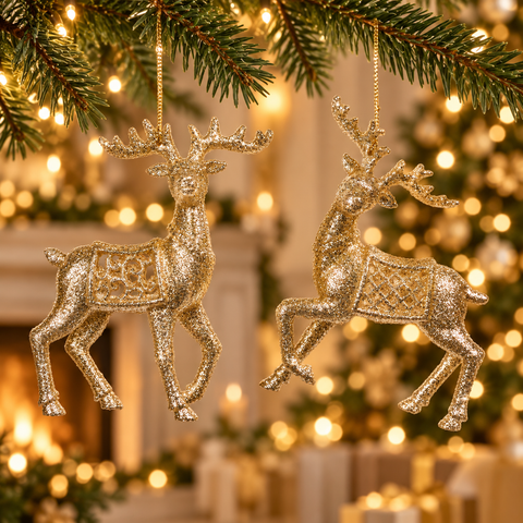 Decorazione Natalizia Renna Dorata con Sella Glitterata – Goodwill, 13cm in ambientazione natalizia