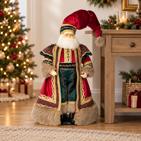 Babbo Natale Decorativo Tartan Santa Rosso e Verde con Stand e Scatola – Goodwill, 76cm in ambientazione natalizia