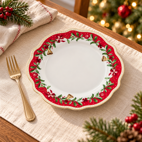Piatto dessert Merry Christmas Blanc MariClò Ø 20 cm ambientato su tavola natalizia, proporzioni verificate