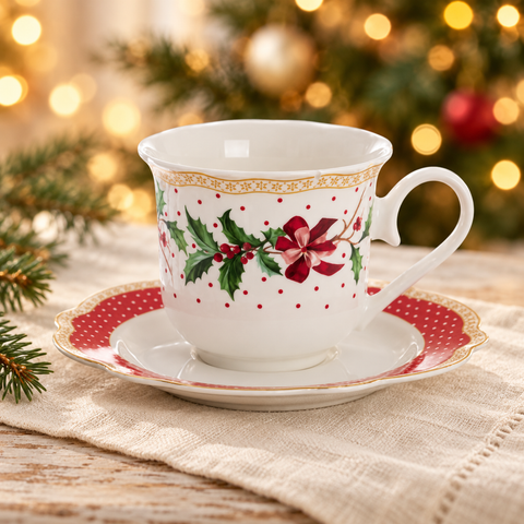 Set da Caffè Natalizio in Porcellana a Pois e Agrifoglio Collezione Merry Christmas – Blanc MariClò in ambientazione natalizia