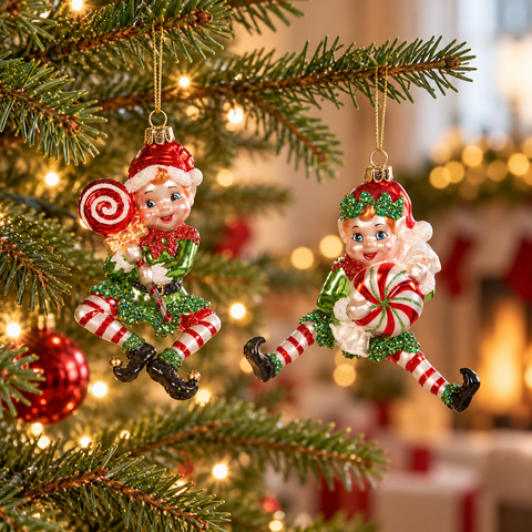 Addobbi elfi Goodwill alti 14 cm ambientati sui rami dell’albero di Natale