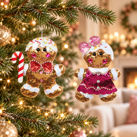 Gingerbread Boy e Girl Goodwill con paillettes alti 16 cm ambientati sull’albero