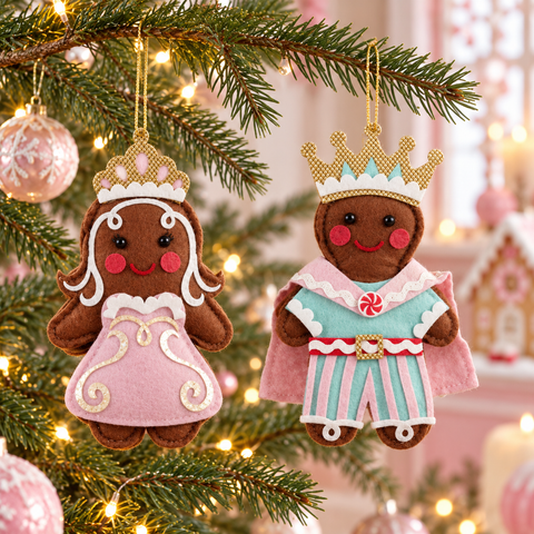 Gingerbread Prince e Princess Goodwill in feltro alti 19 cm ambientati sull’albero di Natale