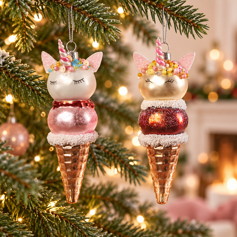 Coni gelato unicorno Goodwill in vetro da 11 cm ambientati sull’albero natalizio