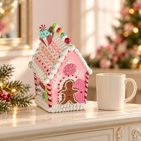 Casetta gingerbread rosa Goodwill 21 x 11 cm ambientata su mobile natalizio