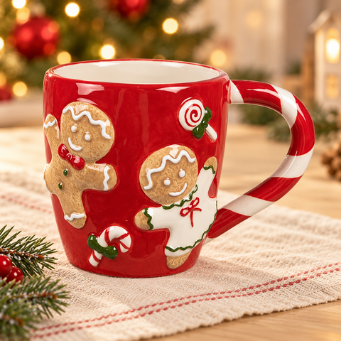 Tazza Natalizia Rossa con Omini di Pan di Zenzero in Ceramica in ambientazione natalizia