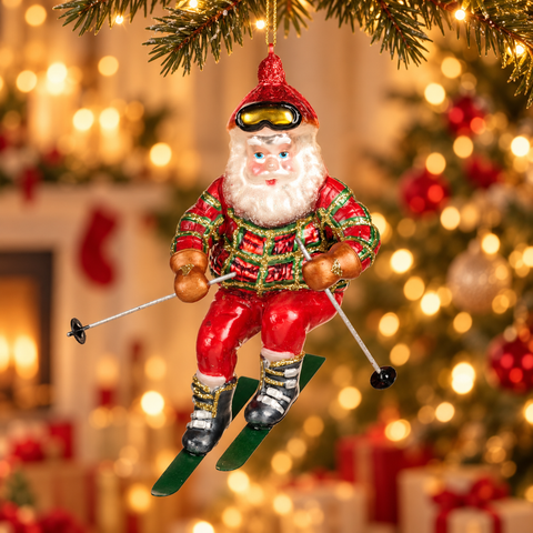 Decorazione Natalizia Babbo Natale sugli Sci in Vetro – Goodwill, 16,5cm in ambientazione natalizia