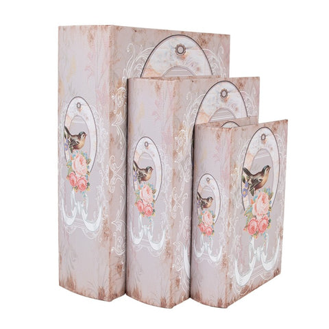 Set 3 Scatole Libro Contenitore Rosa Uccellino e Rose Vintage - Clayre & Eef, 27x22x7 / 22x17x6 / 17x12x4 cm